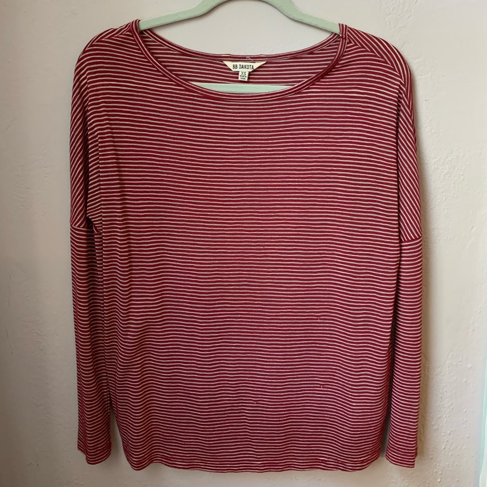 Red stripe long sleeve tee with dropped shoulders